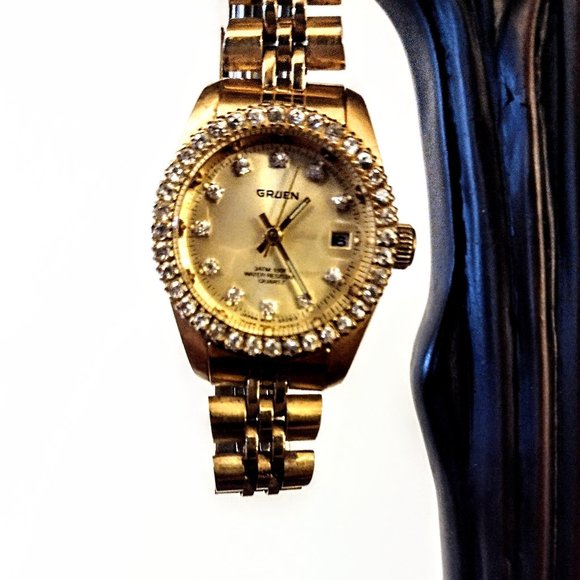 GRUEN VTG Women's Quartz Watch: Crystal Bezel~Date~Water Resistant~New Battery - Picture 2 of 13